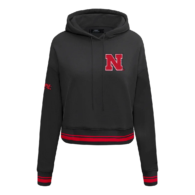 NCAA UNIVERSITY OF NEBRASKA CLASSIC WOMEN'S RIB FLC CROPPED PO HOODIE (BLACK/RED)