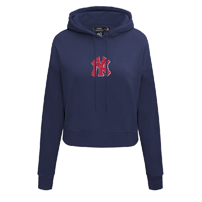 MLB NEW YORK YANKEES PINK CLOUD WOMEN'S  FLC CROPPED PO HOODIE (MIDNIGHT NAVY)