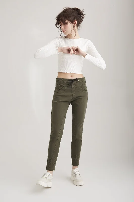 Mila Mid Waist Jogger 5 Pocket Ankle Pants Khaki