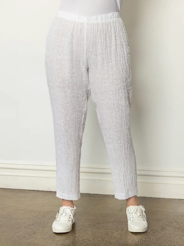 White Crinkle Linen Slim Pant