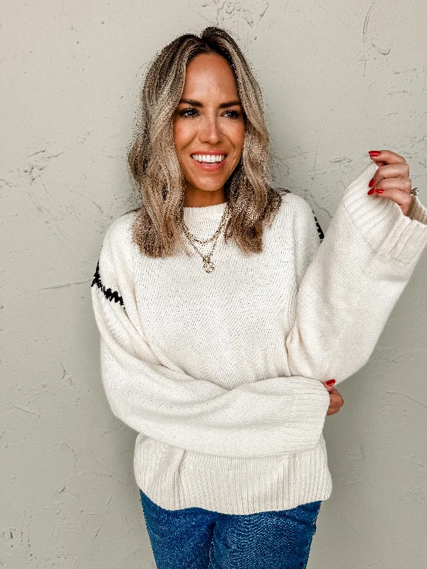 Meet In The Middle Contrast Stitch Sweater-Cream