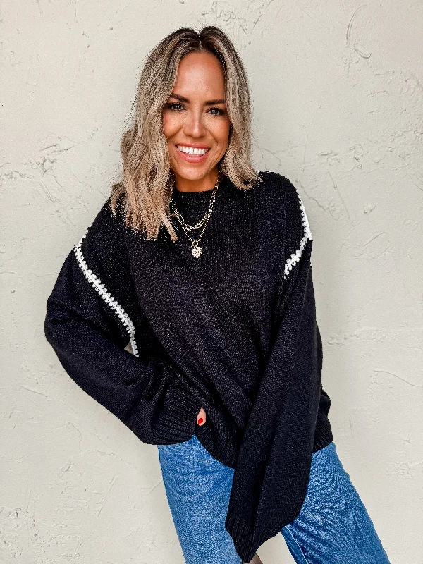 Meet In The Middle Contrast Stitch Sweater-Black