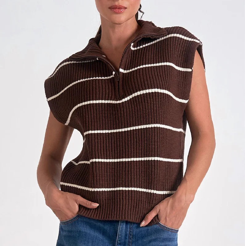 Sleeveless Zip Up Sweater In Brown Stripe