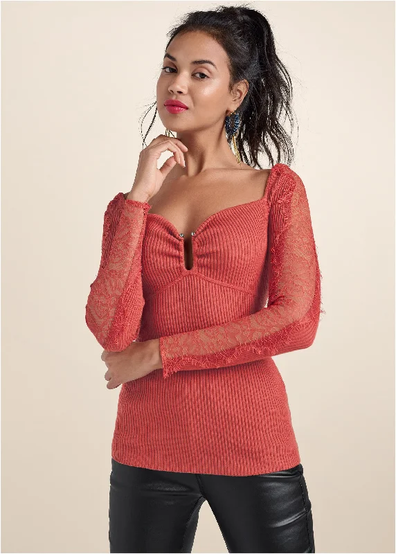 Lace Sleeve Ribbed Sweater - Baked Apple