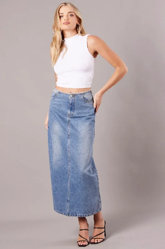 Denim Maxi Skirt High Rise A-line Raw Edge Denim