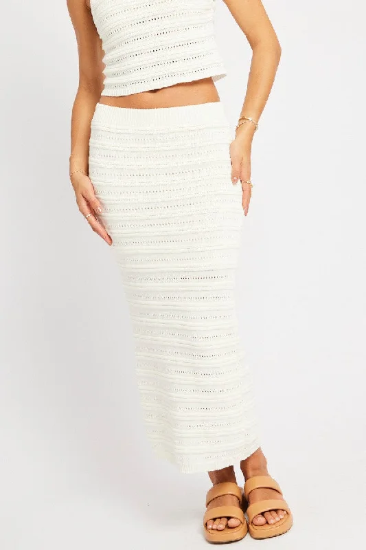 White Crochet Skirt High Rise Elastic Waistband Midi