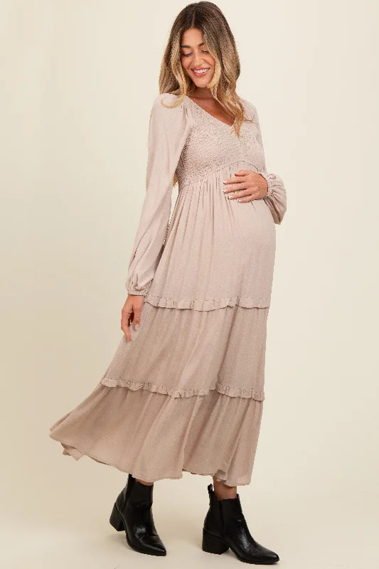 Beige Smocked V-Neck Ruffle Tiered Maternity Maxi Dress