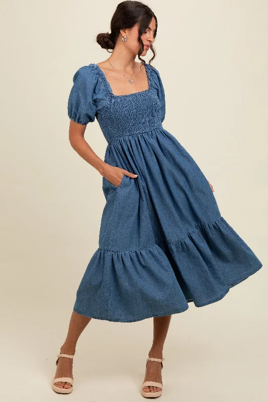 Blue Vintage Wash Chambray Smocked Midi Dress