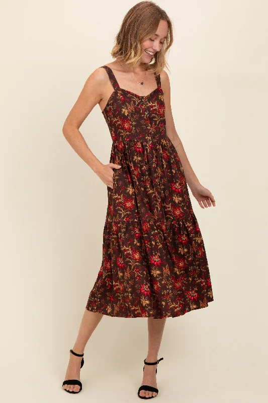 Brown Floral Sweetheart Neck Button Down Midi Dress