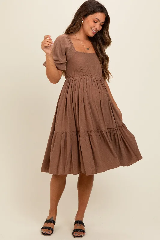 Brown Square Neck Puff Sleeve Maternity Dress