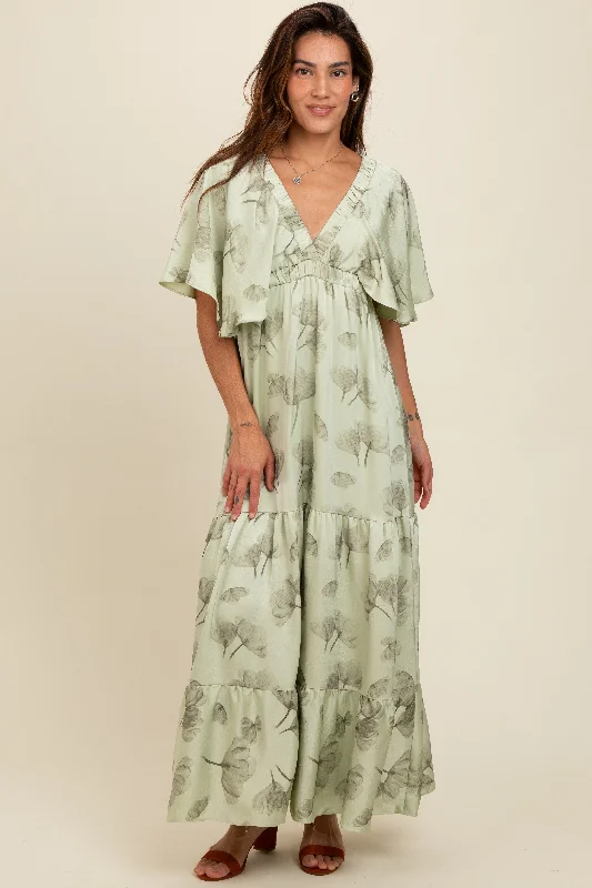 Light Olive Floral Deep V-Neck Maxi Dress