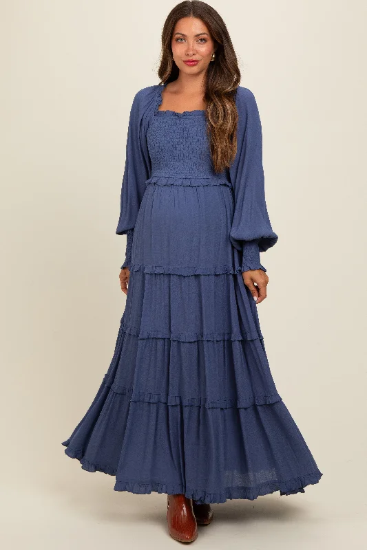 Periwinkle Smocked Long Sleeve Ruffle Tiered Maternity Maxi Dress