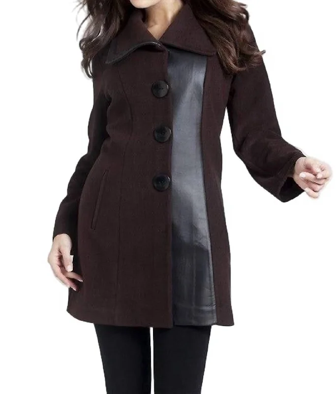 Faux Leather Accent Car Coat In Brown/black