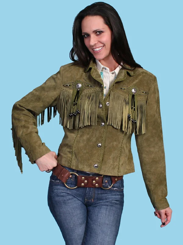 Scully Womens Fringe Beaded Olive Leather Leather Jacket